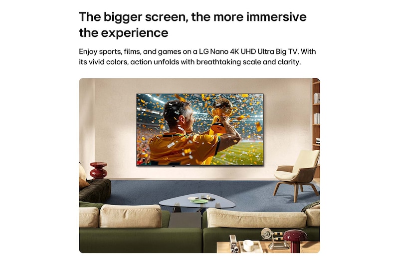 LG NANO 4K UHD AI nu70 Ultra Big TV is wall-mounted in a living space, showing a sports victory scene with confetti and a trophy, emphasizing vivid color, clear detail, and an immersive sense of scale.